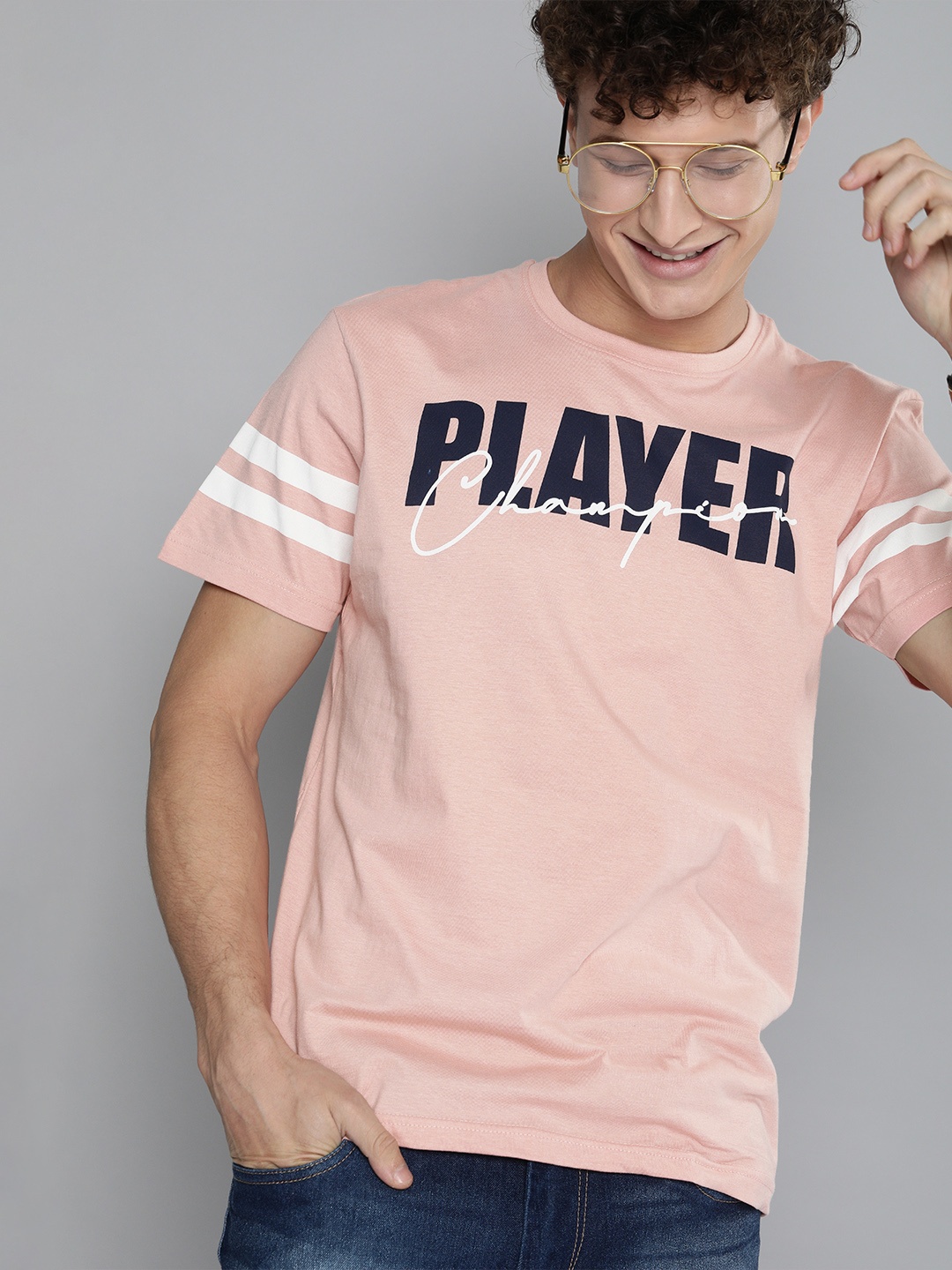 

HERENOW Men Pink Typography Printed Pure Cotton T-shirt
