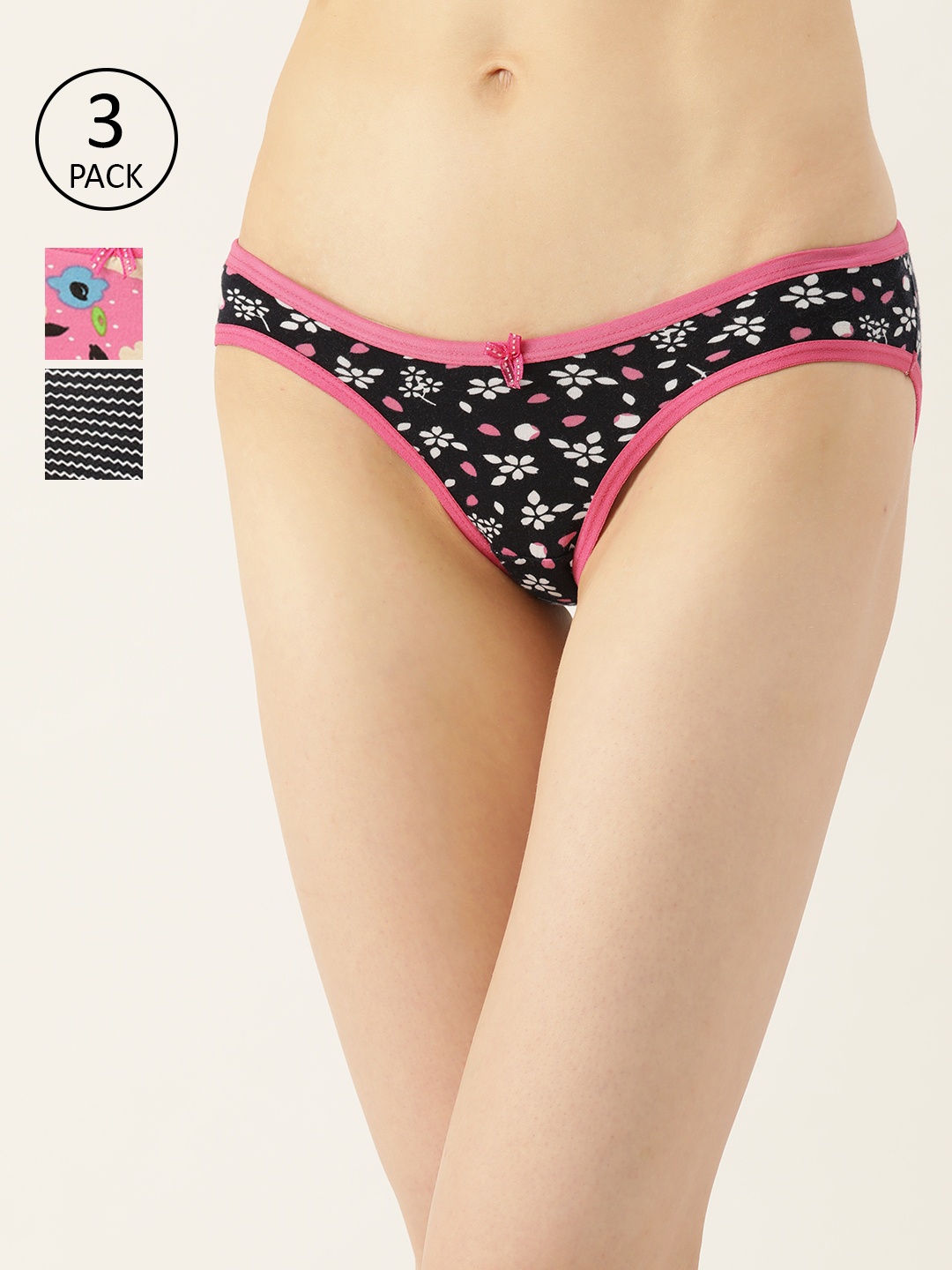 

Leading Lady Women Pack of 3 Cotton Low-Rise Printed Bikini Briefs LLL-123-3, Black