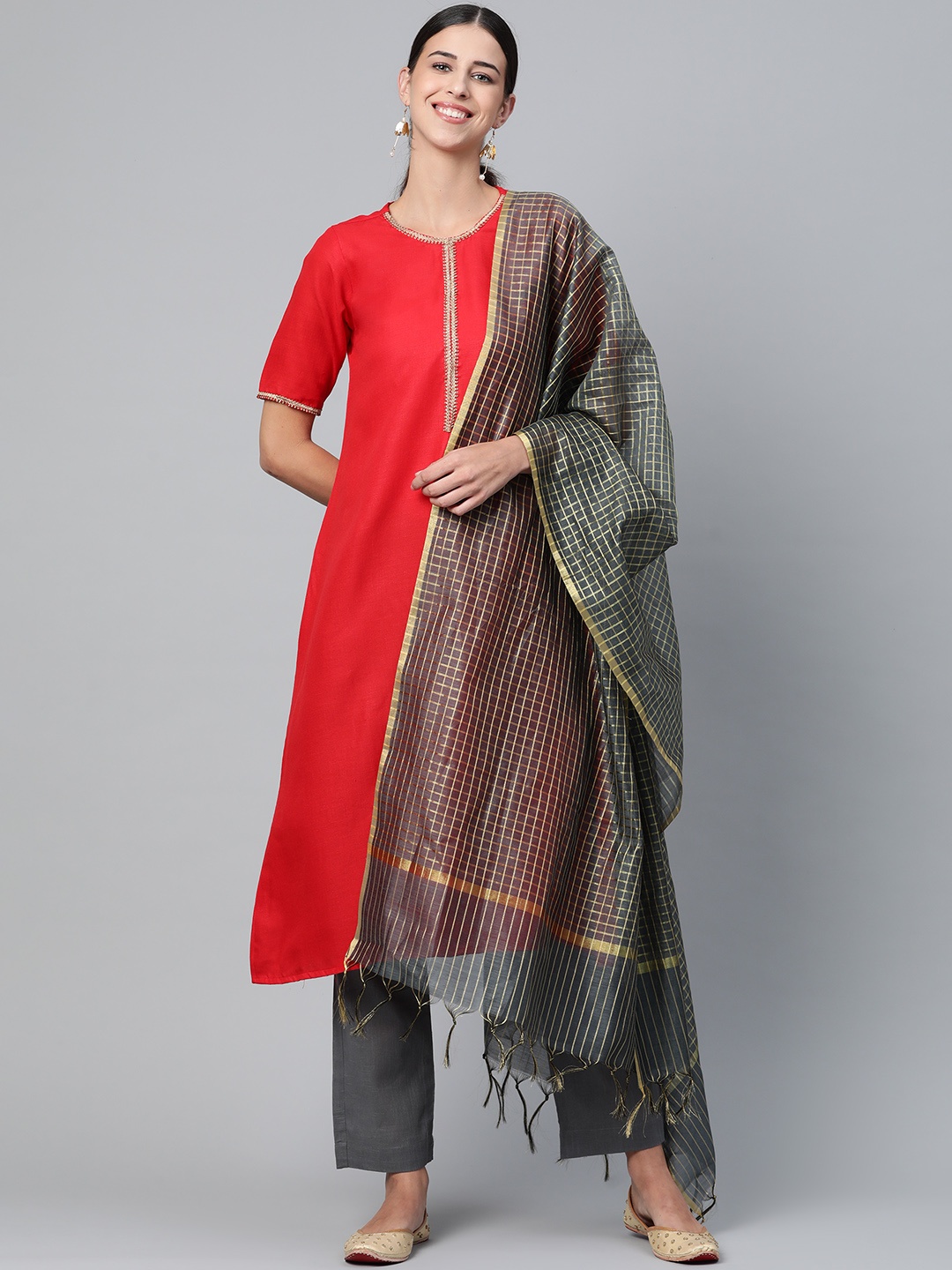 

SIAH Women Red & Grey Pure Cotton Kurta with Trousers & Dupatta