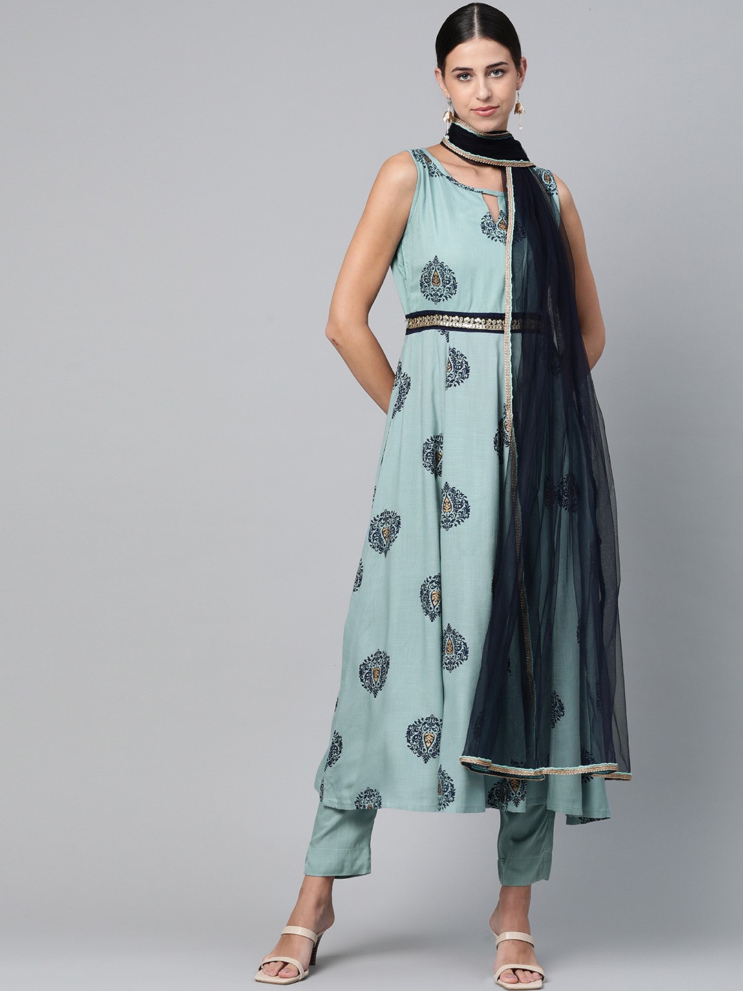 

SIAH Women Blue & Golden Ethnic Motifs Printed Sequinned Kurta with Trousers & Dupatta