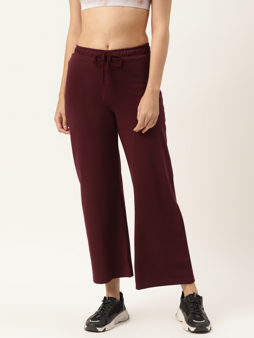 

FEMEA Women Maroon Solid Wide Leg Bootcut Track Pants