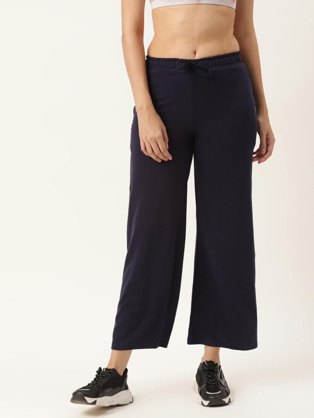 

FEMEA Women Navy Blue Solid Wide Leg Bootcut Track Pants