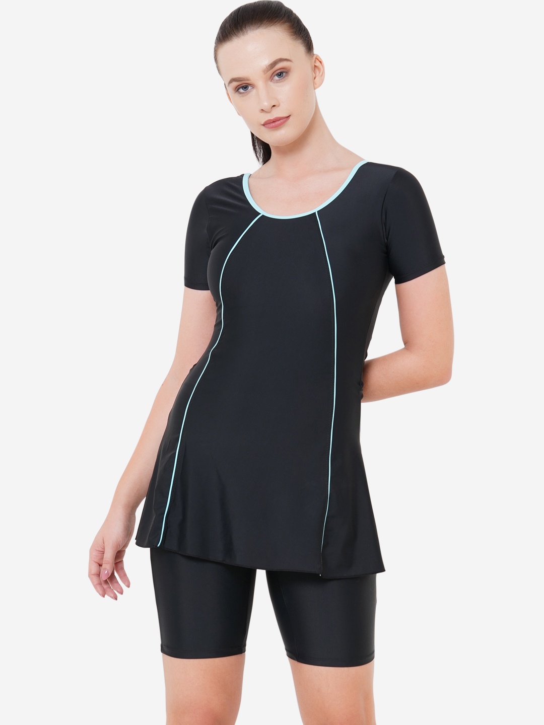

VELOZ Navy Blue Solid Swim Frock, Black