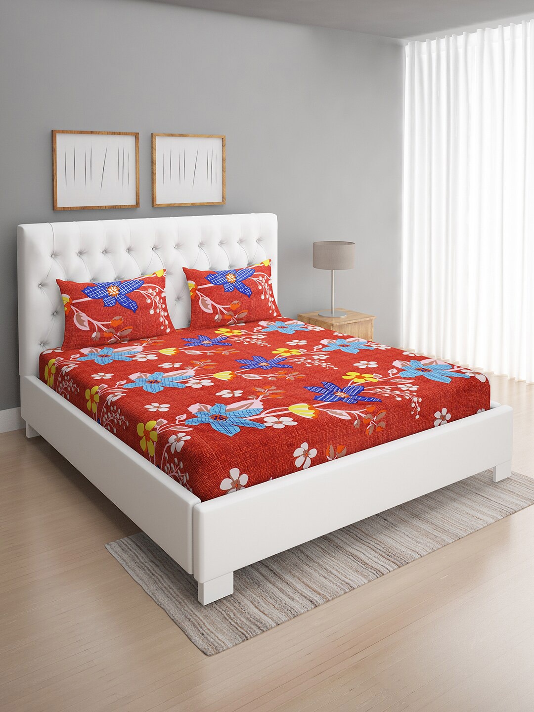

ROMEE Floral Print 144 TC Microfiber Queen Bedsheet with 2 Pillow Covers, Red