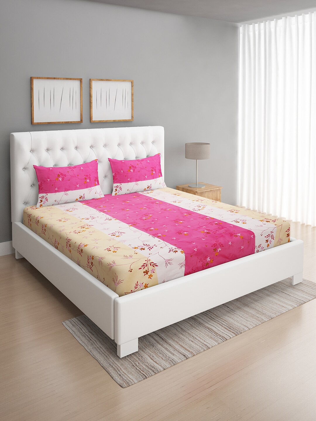 

ROMEE Pink & Beige Floral 144 TC Microfiber Queen Bedsheet with 2 Pillow Covers