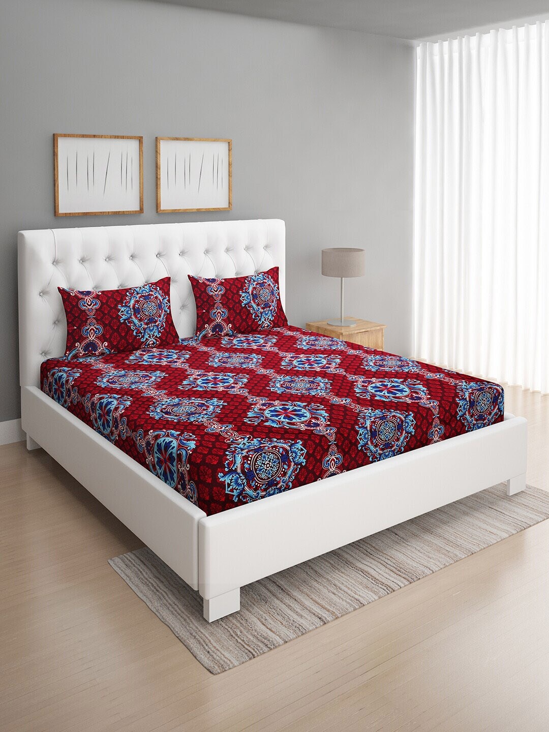 

ROMEE Maroon & Blue Ethnic Motifs 144 TC Queen Bedsheet with 2 Pillow Covers