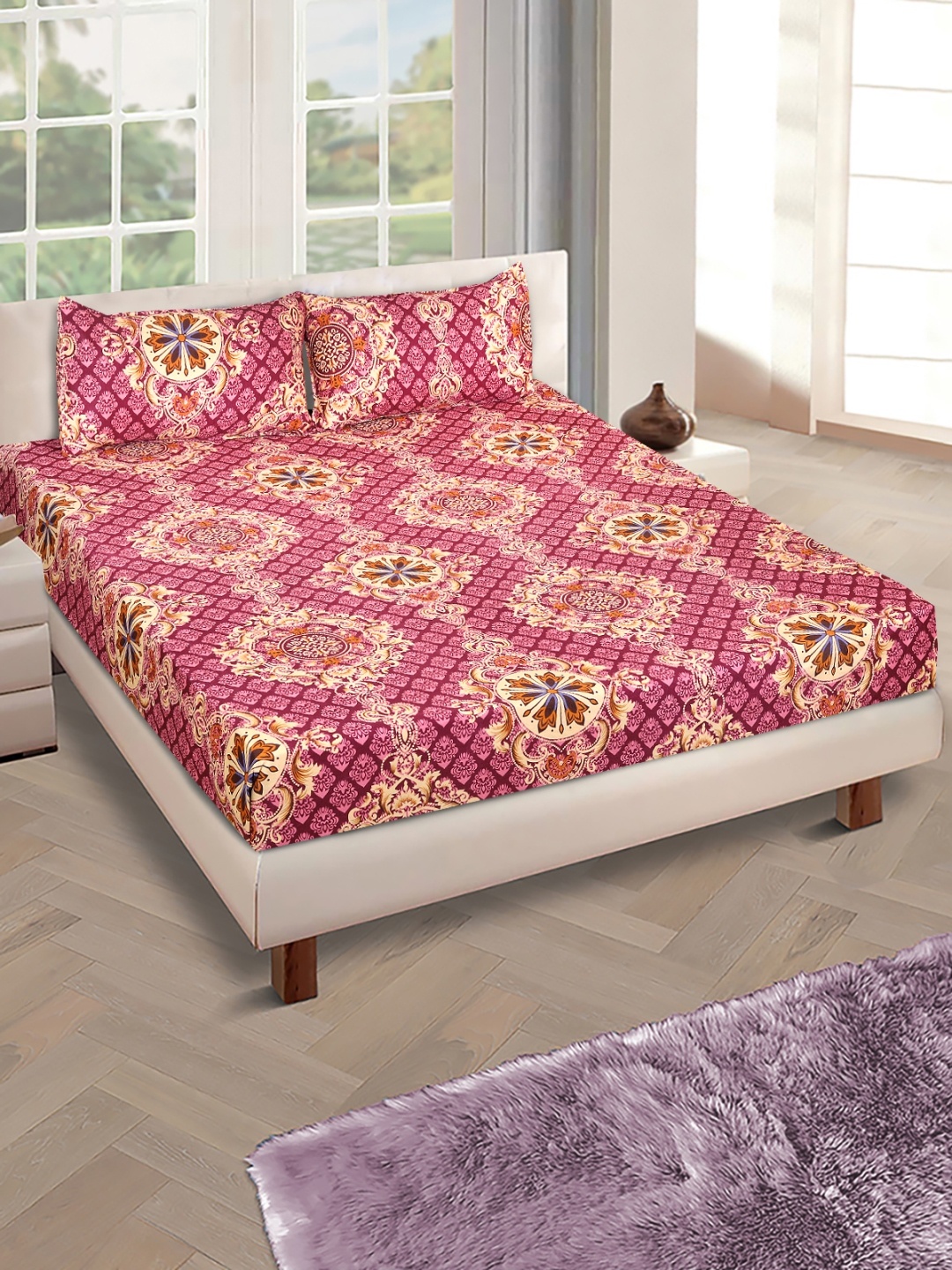 

ROMEE Ethnic Motifs Print 144 TC Microfiber Queen Bedsheet with 2 Pillow Covers, Maroon