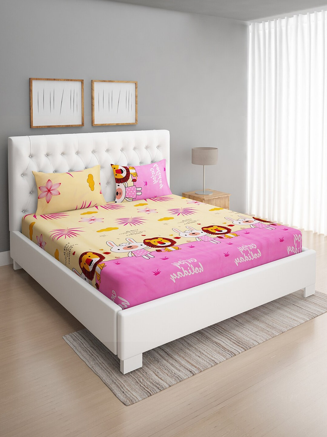 

ROMEE Yellow & Pink Graphic 144 TC Queen Bedsheet with 2 Pillow Covers