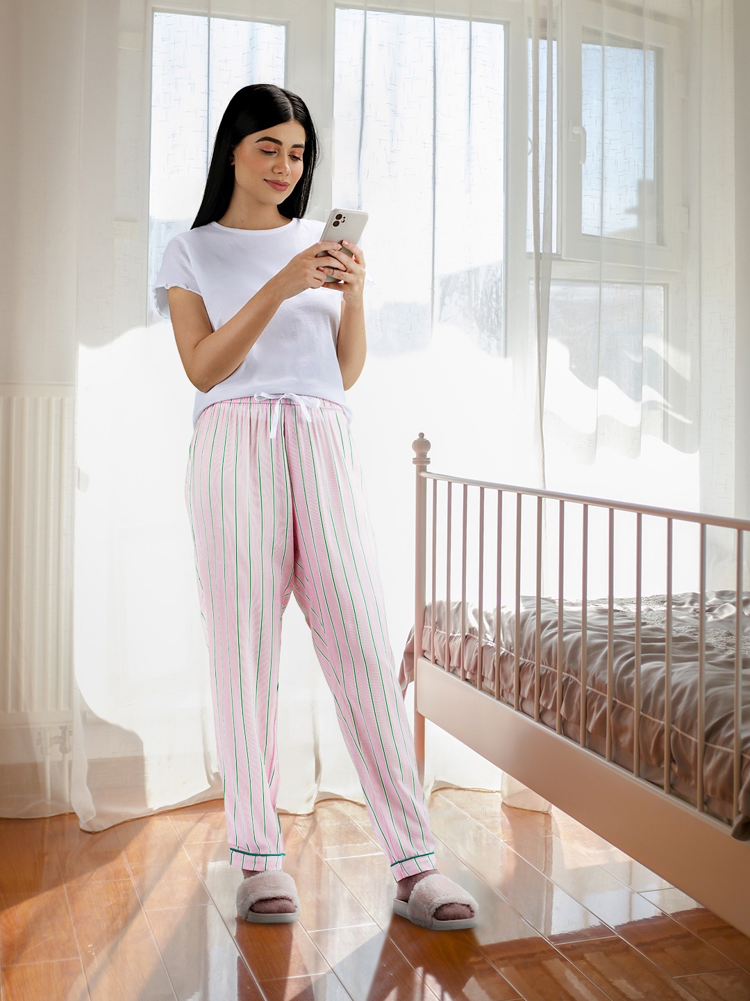 

Tokyo Talkies Women Pink & Green Striped Lounge Pants