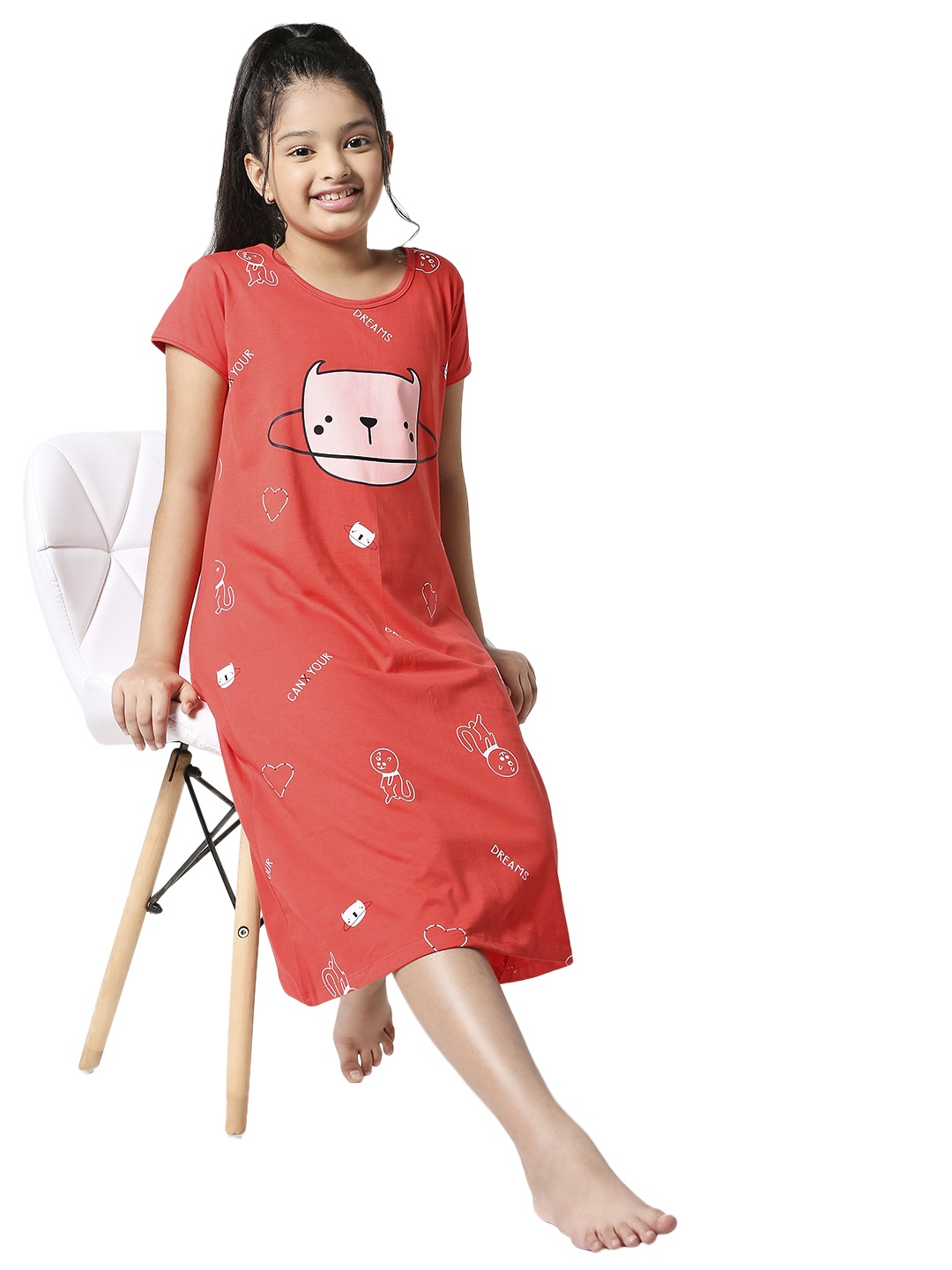 

Zeyo Girls Red Printed Cotton Nightdress