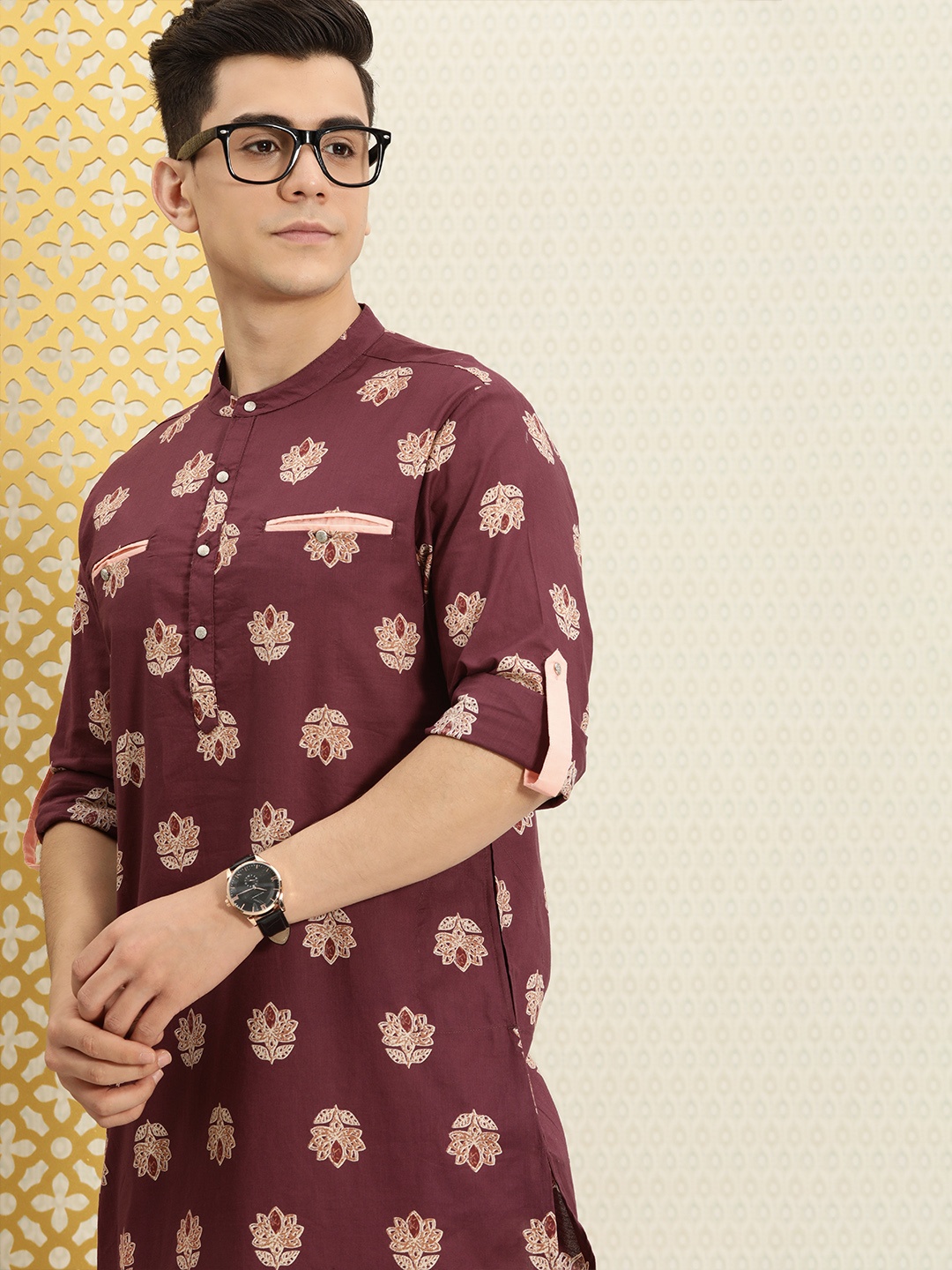 

House of Pataudi Men Burgundy Ethnic Motifs Printed Pure Cotton Rozana Kurta