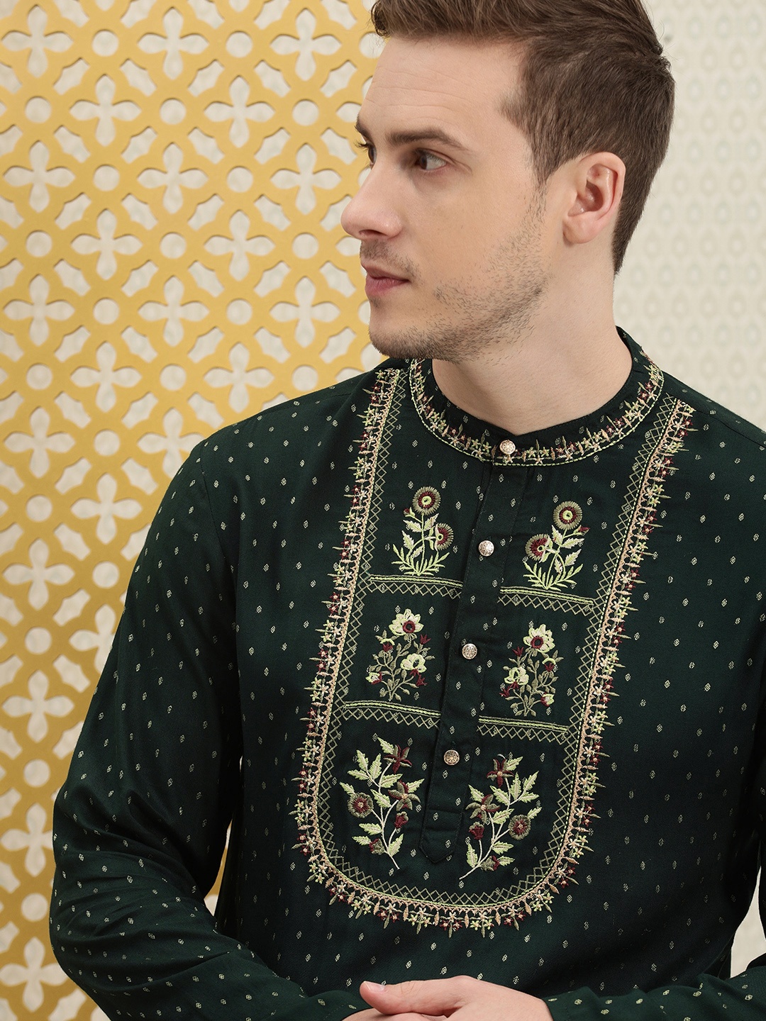 

House of Pataudi Men Olive Green & Golden Woven Design Thread Work Jashn Kurta