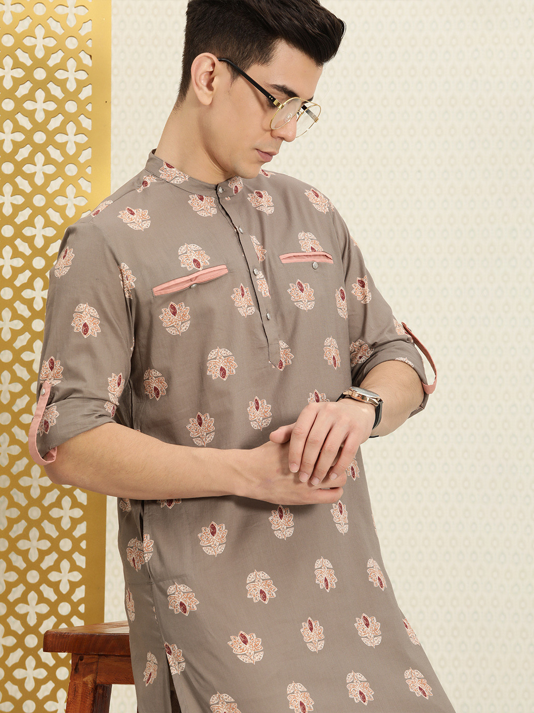 

House of Pataudi Men Khaki Ethnic Motifs Printed Pure Cotton Rozana Kurta