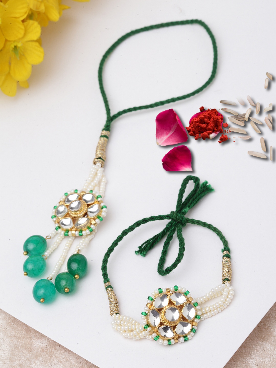 

DUGRISTYLE Green Sterling Silver Pearls Gold-Plated Rakhi With Roli & Chawal