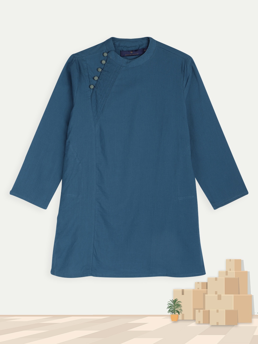 

House of Pataudi Boys Teal Blue Solid Pure Cotton Straight Kurta