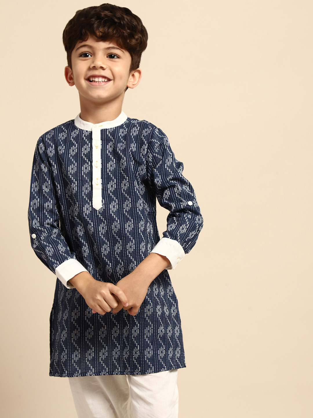 

House of Pataudi Boys Navy Blue Pure Cotton Woven Design Kurta