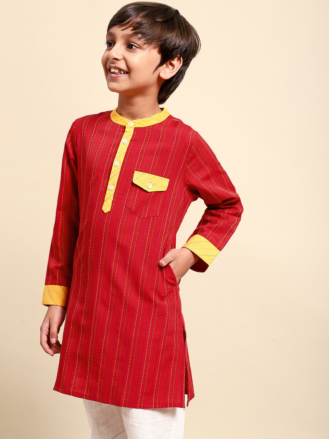 

House of Pataudi Boys Maroon Striped A-Line Kurta