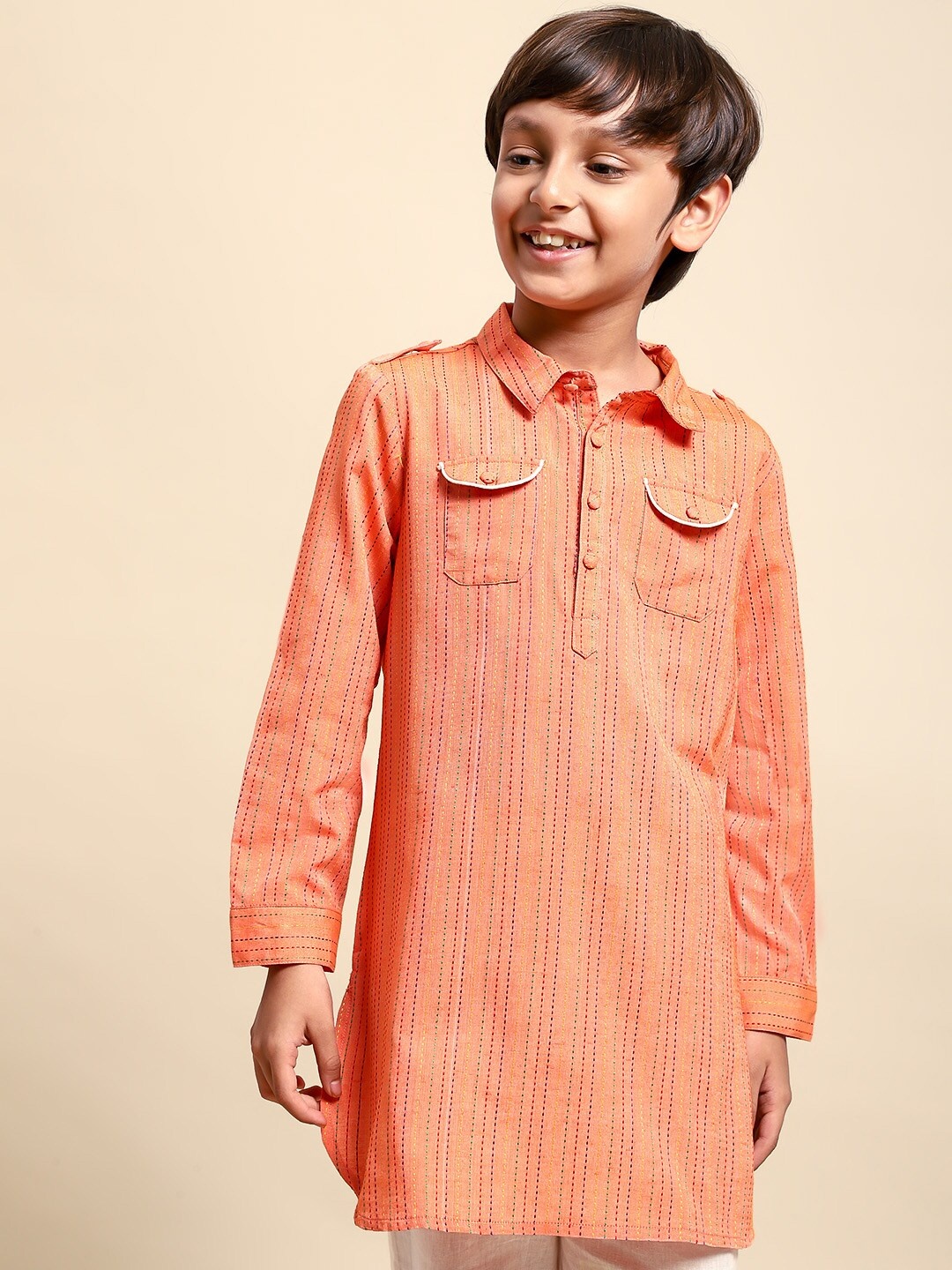 

House of Pataudi Boys Peach-Coloured Striped Pure Cotton Kurta