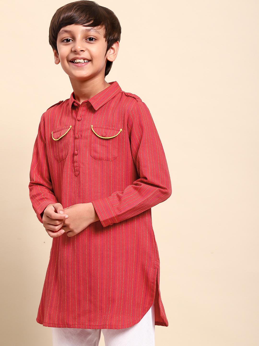 

House of Pataudi Boys Red Shirt Collar Thread Work Cotton Pathani Kurta