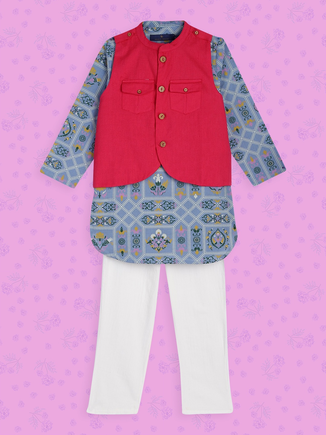

House of Pataudi Boys Blue Tribal Printed Regular Pure Cotton Kurta Set with Nehru Jacket