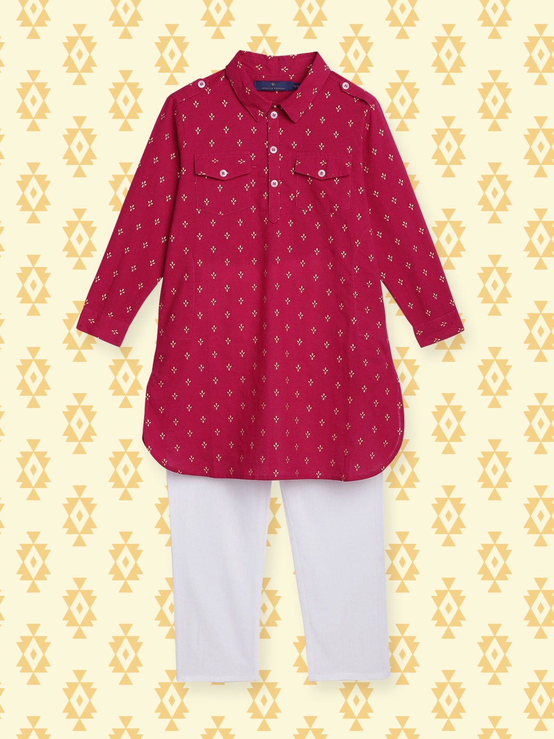 

House of Pataudi Boys Red & White Pure Cotton Printed Regular Kurta & Pyjamas