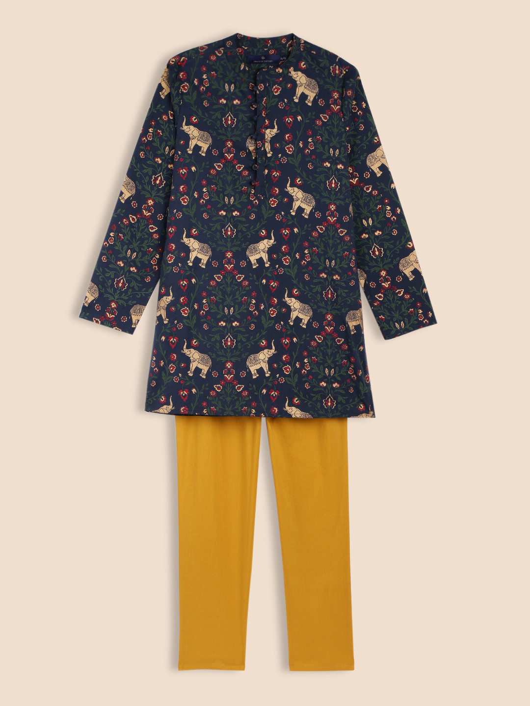 

House of Pataudi Boys Navy Blue & Yellow Floral Printed Pure Cotton Kurta with Pyjamas