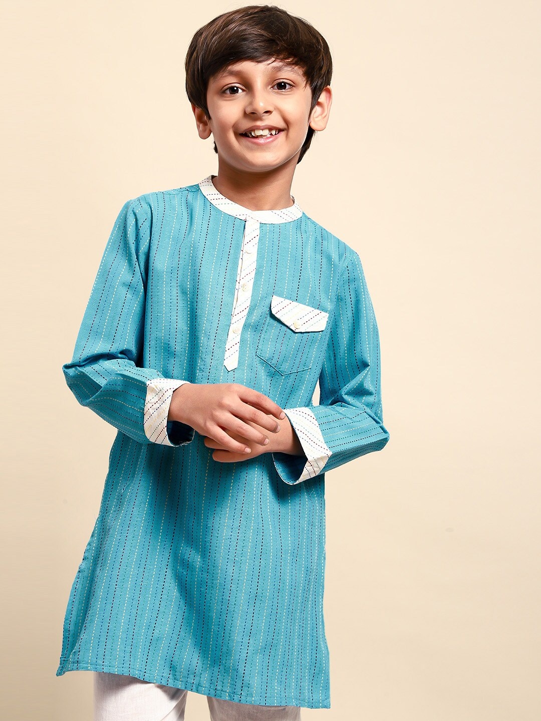 

House of Pataudi Boys Blue Striped Kurta