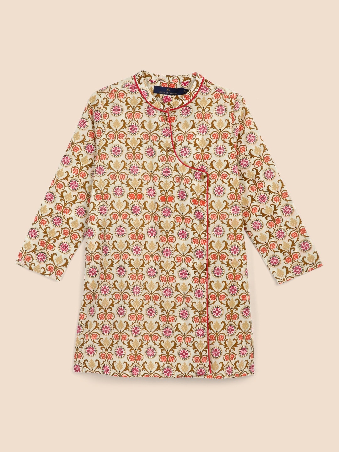 

House of Pataudi Boys White & Pink Ethnic Motifs Printed Kurta
