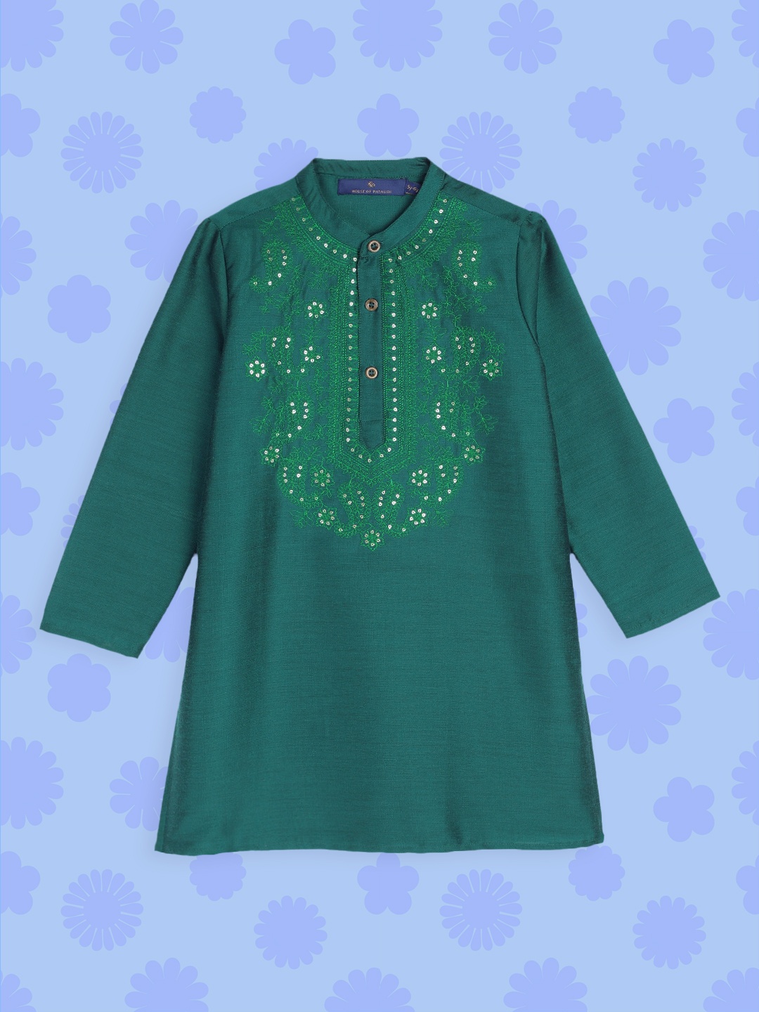 

House of Pataudi Boys Green Floral Embroidered Floral Kurta
