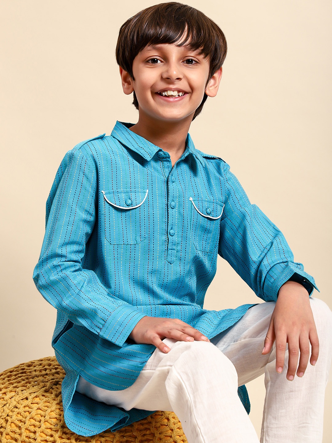 

House of Pataudi Boys Blue Shirt Collar Thread Work Cotton Pathani Kurta