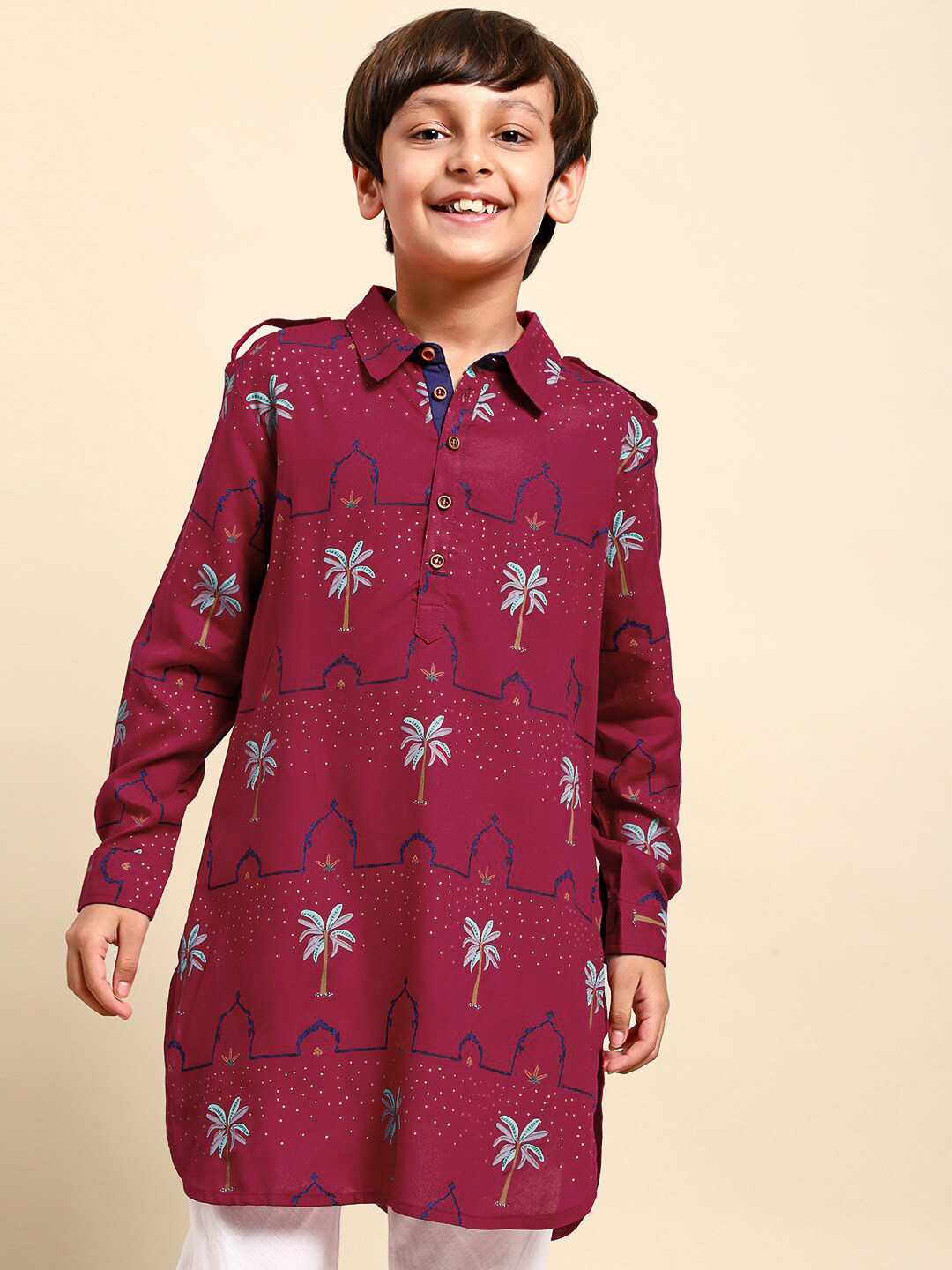 

House of Pataudi Boys Red Printed Pathani Kurta