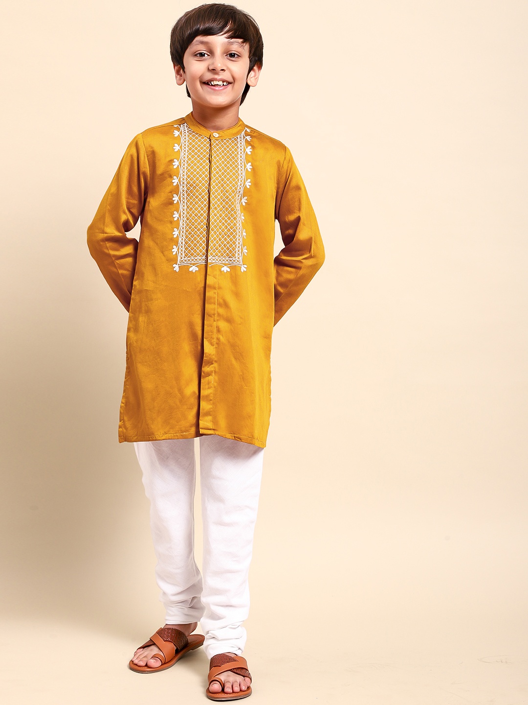

House of Pataudi Boys Mustard Yellow Yoke Design Thread Work Cotton Kurta