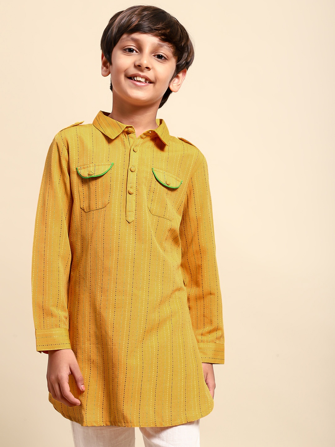 

House of Pataudi Boys Mustard Shirt Collar Yellow Thread Work Cotton Pathani Kurta
