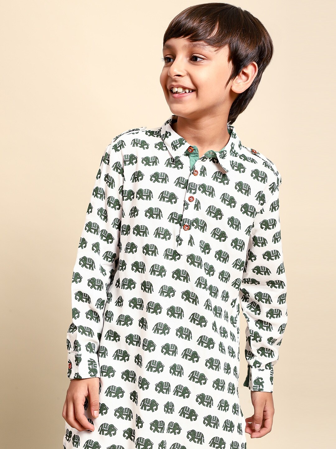 

House of Pataudi Boys Olive Green & White Printed Kurta