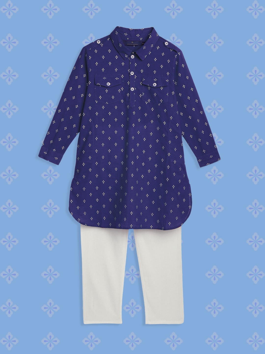 

House of Pataudi Boys Blue & White Printed Regular Pure Cotton Kurta with Pyjamas