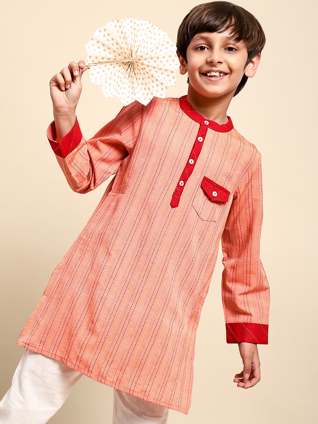 

House of Pataudi Boys Peach-Coloured Striped A-Line Kurta