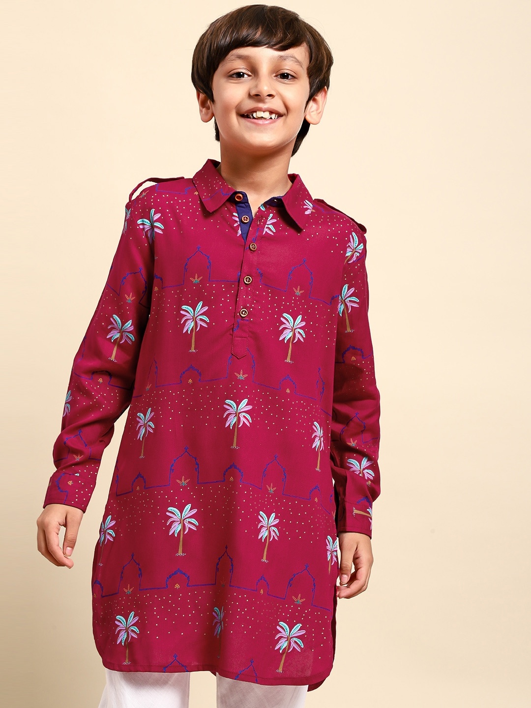 

House of Pataudi Boys Red Ethnic Motifs Printed Pathani Kurta