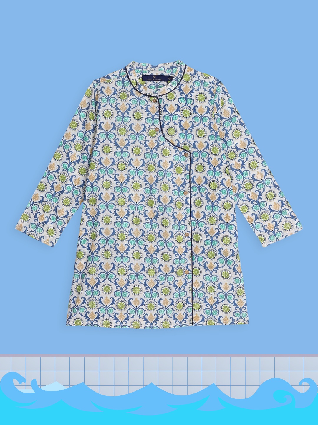 

House of Pataudi Boys Blue & White Pure Cotton Ethnic Motifs Printed Kurta