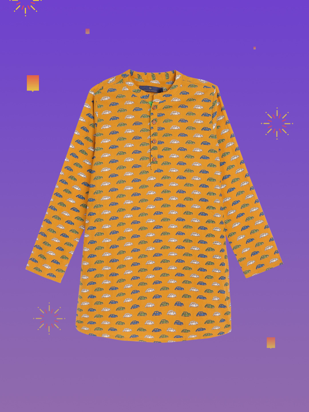 

House of Pataudi Boys Yellow Quirky Printed Mandarin Collar Viscose Rayon Regular Kurta