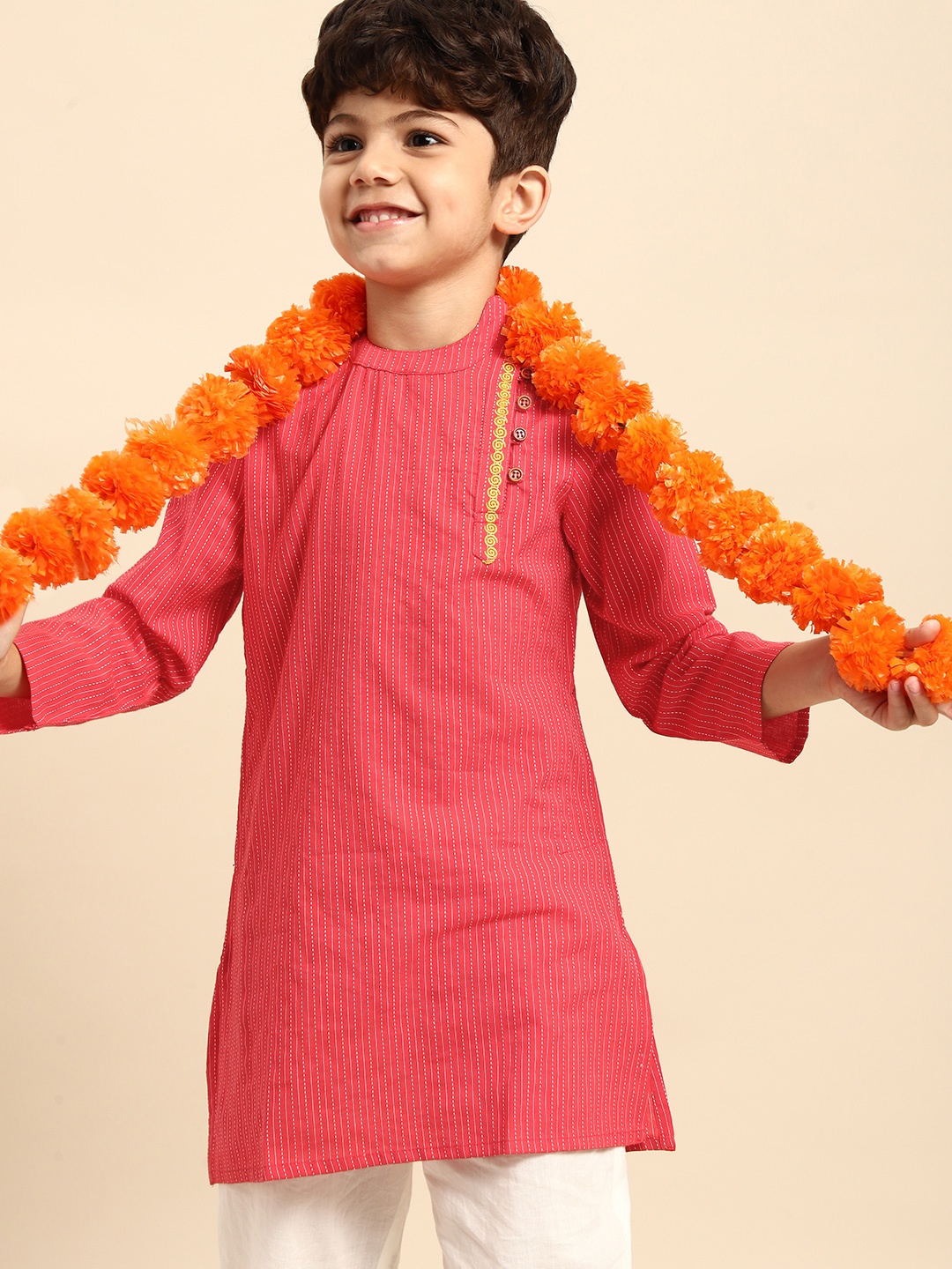 

House of Pataudi Boys Red Striped Angrakha Pure Cotton Kurta