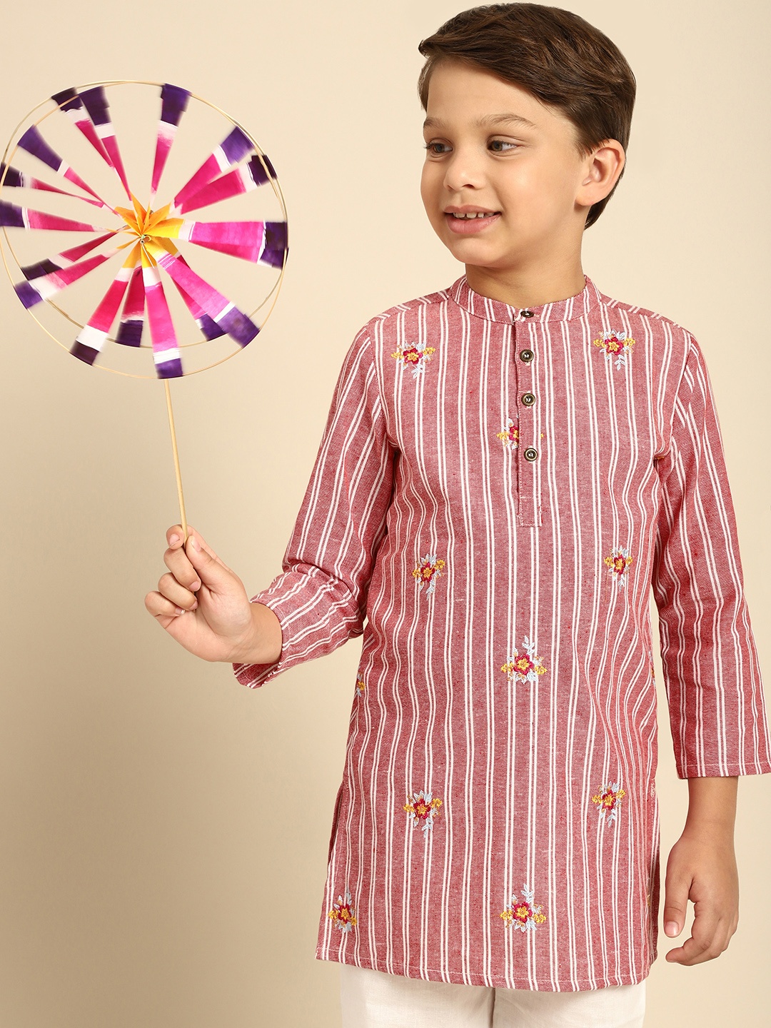 

House of Pataudi Boys Red Striped & Embroidered Pure Cotton Kurta