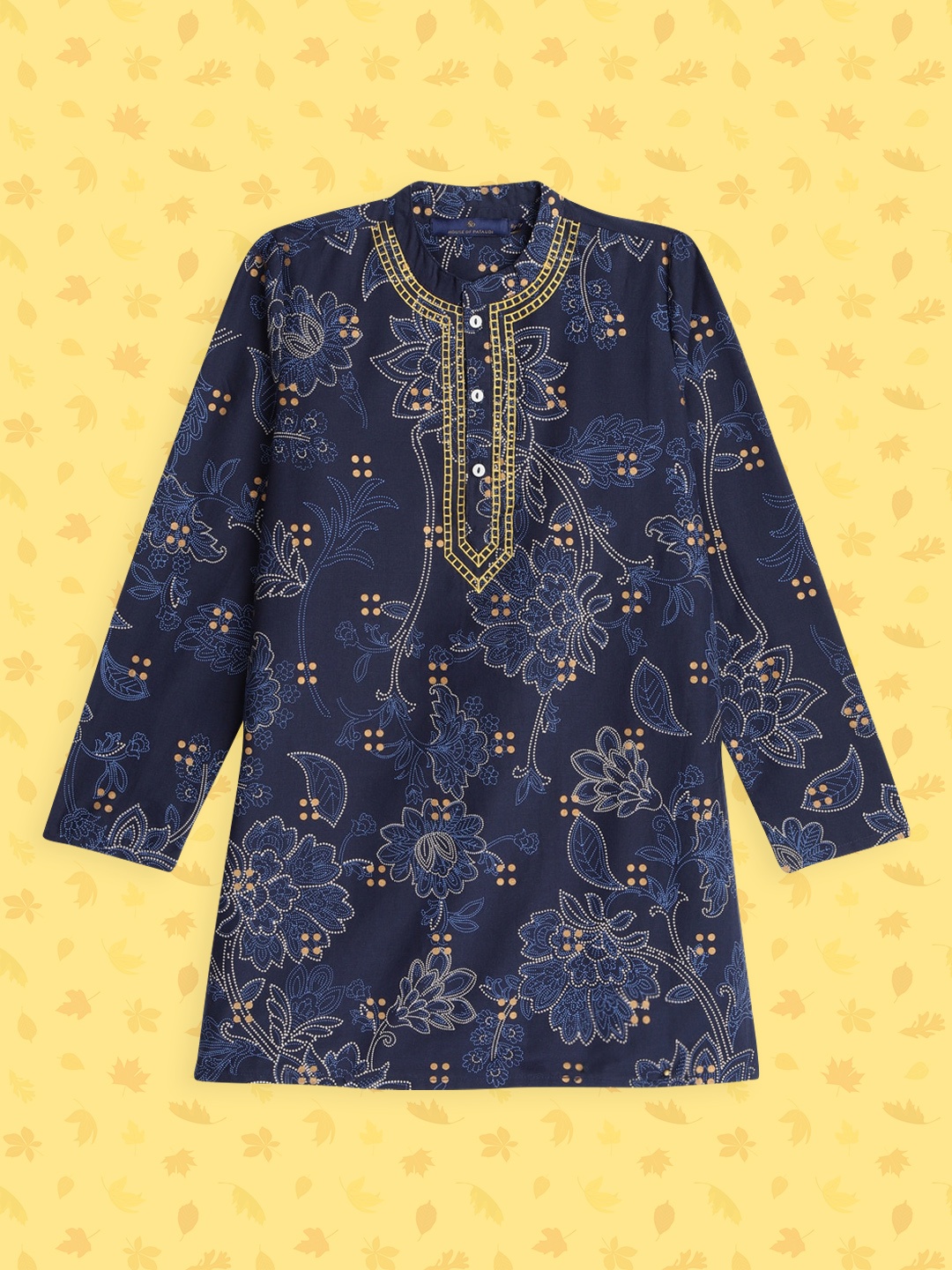 

House of Pataudi Boys Navy Blue Ethnic Motifs Printed Thread Work Pure Cotton A-Line Kurta