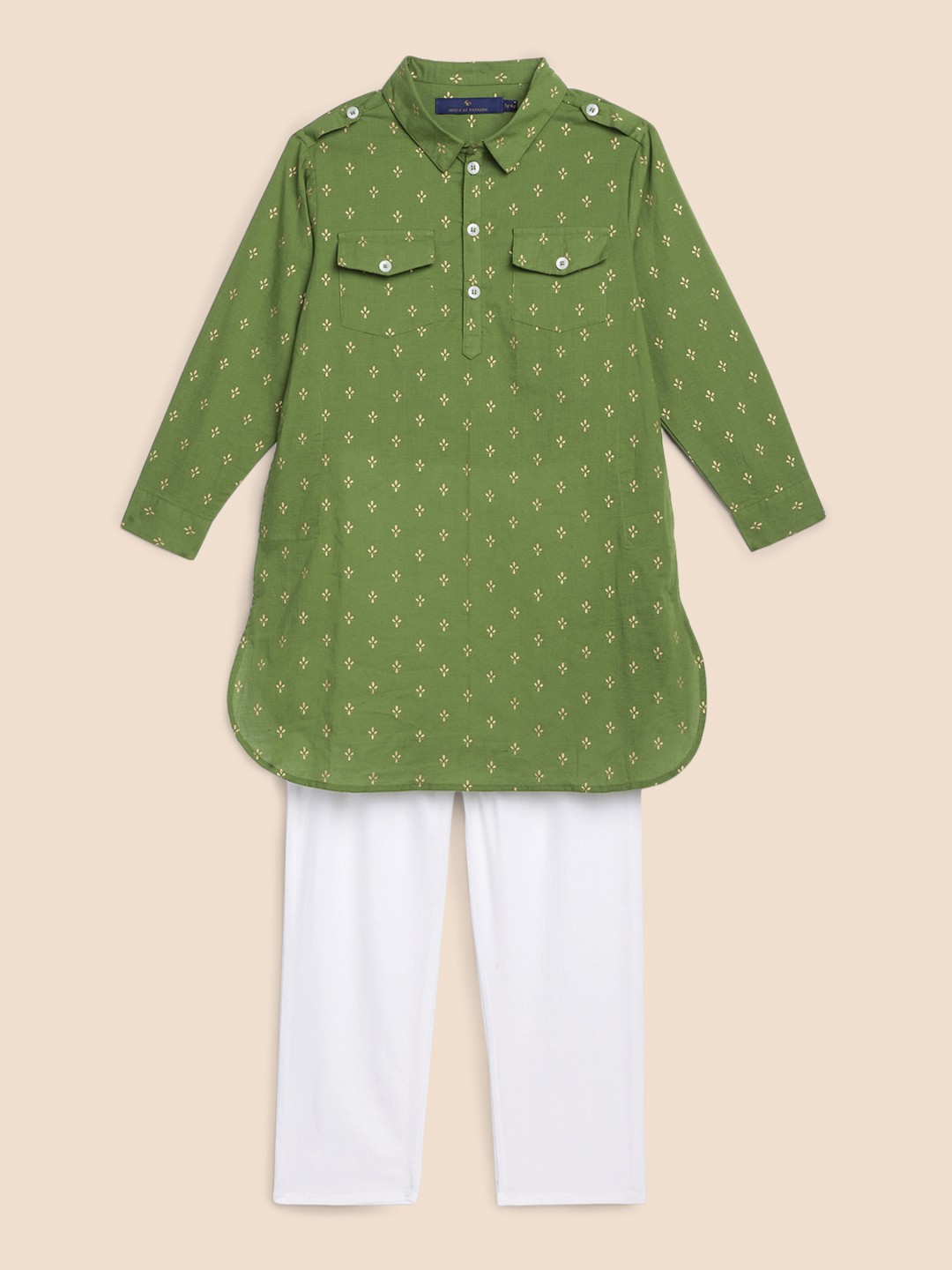 

House of Pataudi Boys Green & White Printed Regular Pure Cotton Kurta with Pyjamas