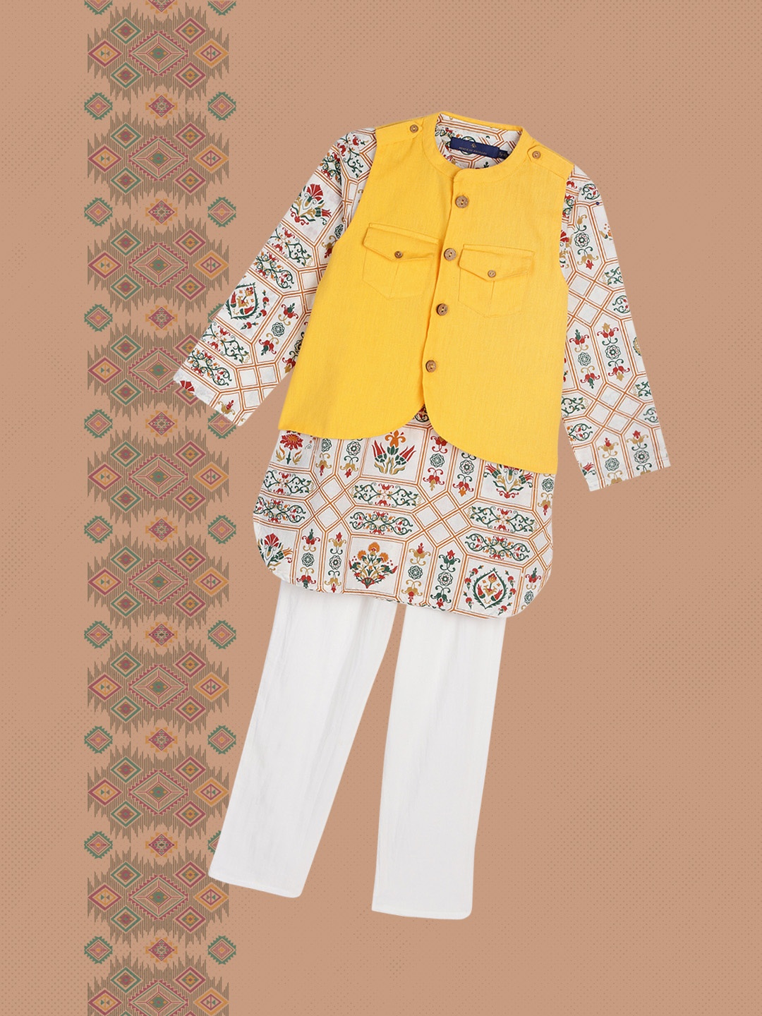

House of Pataudi Boys White & Brown Printed Pure Cotton Kurta with Pyjamas & Nehru Jacket