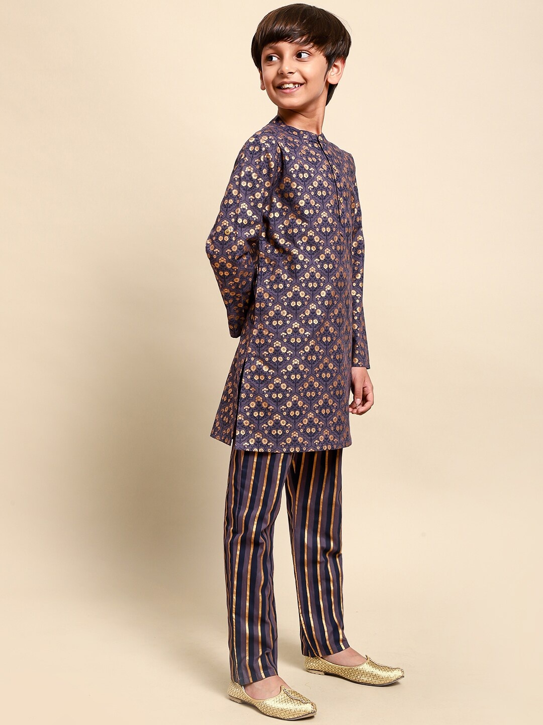 

House of Pataudi Boys Navy Blue Printed Pure Cotton Kurta with Pyjamas