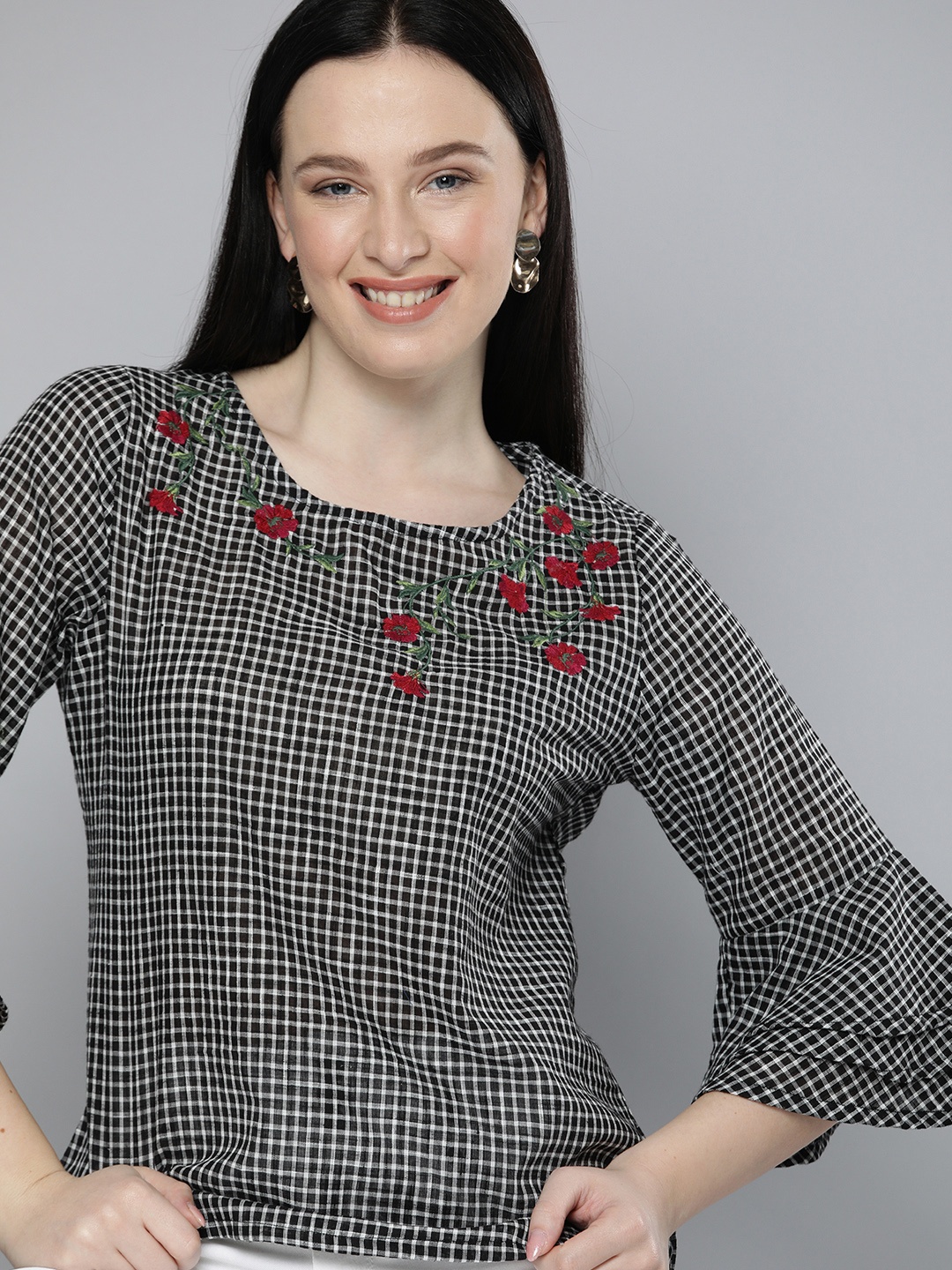 

HERE&NOW Women Black Checked Bell Sleeves Top