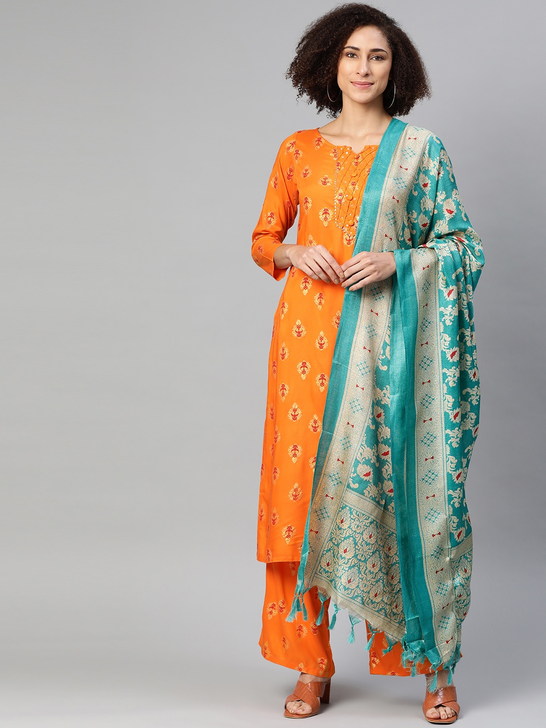 

Ives Women Orange & Turquoise Blue Motifs Printed Straight Kurta with Palazzos & Dupatta