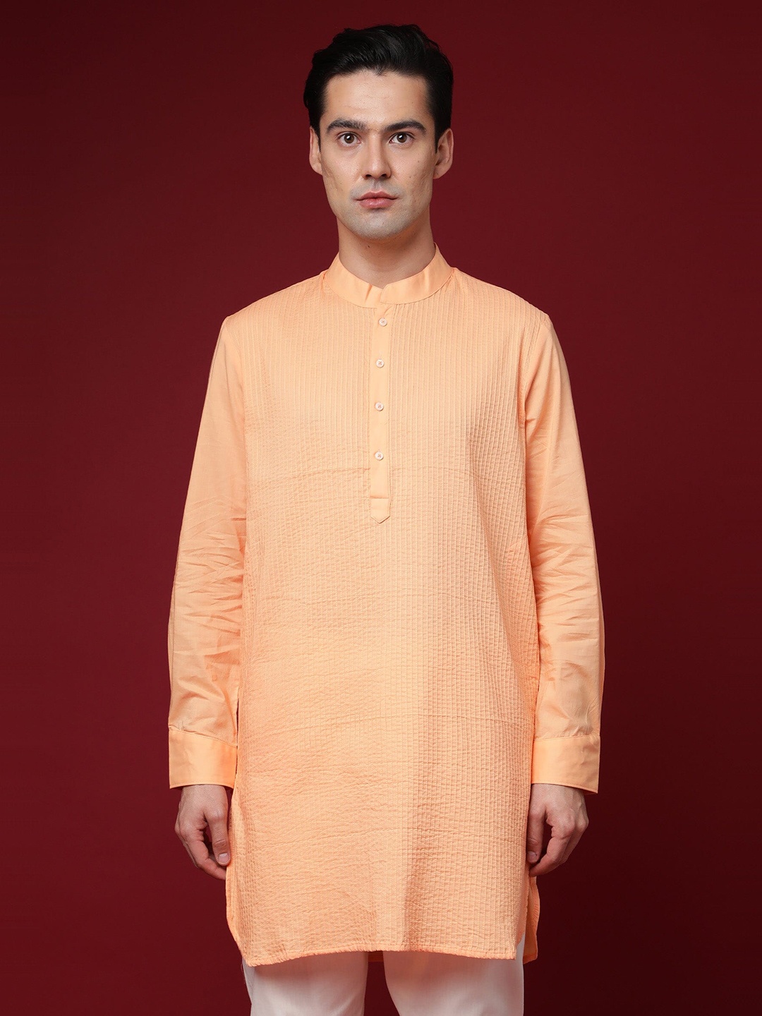 

RARE RABBIT Men Nolan Regular Fit Mandarin Pastels Pleated Kurta, Orange