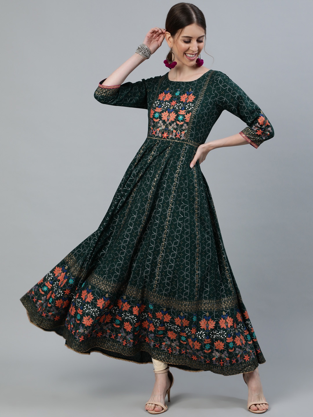 

Jaipur Kurti Women Green & Peach-Coloured Floral Printed Anarkali Kurta