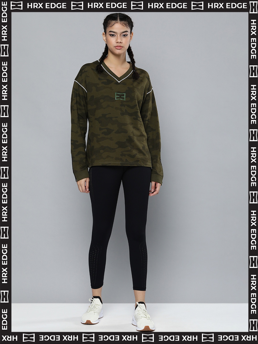 

HRX By Hrithik Roshan EDGE Lifestyle Women Olive Rapid-Dry Camouflage Sweatshirts